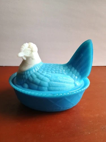 Vintage Blue Glass Hen with White Head - Hen on Nest Dish milk slag turkey