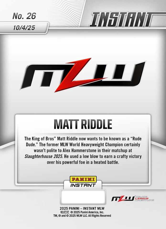 2025 Panini Instant MLW #26 Matt Riddle Slaughterhouse 2025 PRESALE - Image 2 of 2