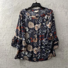 Loft Womans Blouse Top Blue Floral Small Polyester Long Sleeve Round Neck