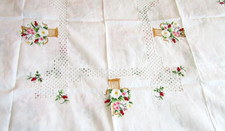 White Lace Cut Out Tablecloth w/ Floral Embroidery 6 Napkins 54 x 78