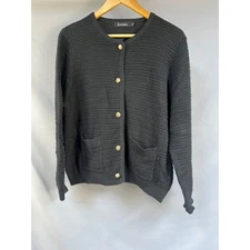 Anrabess Women's Knit Cardigan Sweater Black Gold Buttons Pockets Size L