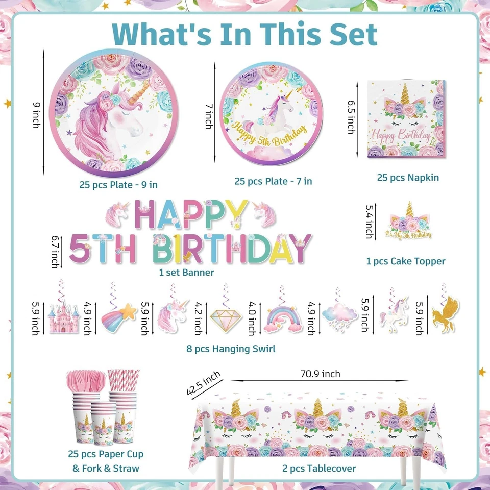 162 piezas Decoraciones de 5º Cumpleaños de Unicornio para Niña: Platos de Unicornio, Servilletas, Ba... Foto 4 de 4