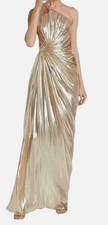 Pamella Roland Women Gold Metallic Chiffon One-Shoulder Gown Size 6