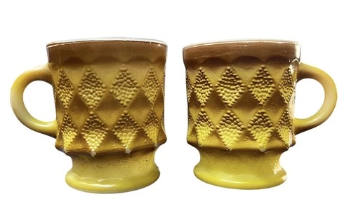 Vintage Anchor Hocking Fire King Kimberly Diamond Cup Mug Yellow Brown Set Of 2