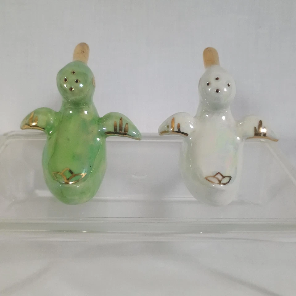 Juego de saleros y pimenteros Lusterware Duck borde iridiscente verde blanco dorado Foto 4 de 4
