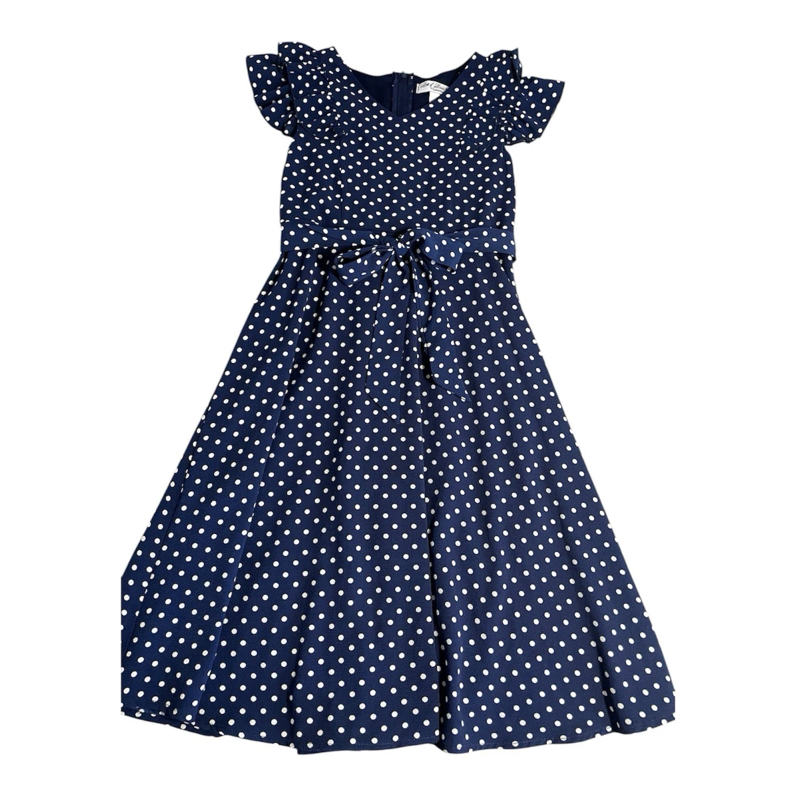 Girls Polka Dot Crepe Dress Blue White Ruffles Tie Lined Size 10 Speechless