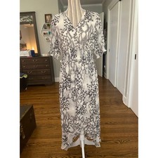 Express gray/cream chiffon high/low dress with crossover bodice & smocked waist