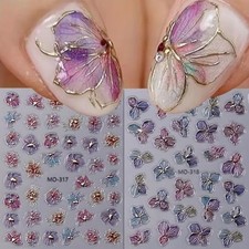 2Pcs Flower Nail Art Stickers 5D Embossed Floral Nail Decals Spring Flower