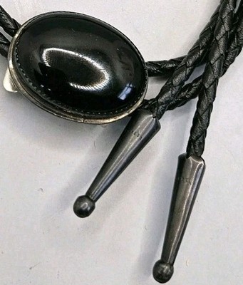 Vintage D Guerro Navajo Sterling Silver Bolo Tie Black Stone Leather Cord Signed