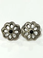 Vintage Native American Sterling Silver Sandcast Earrings with Black Stone