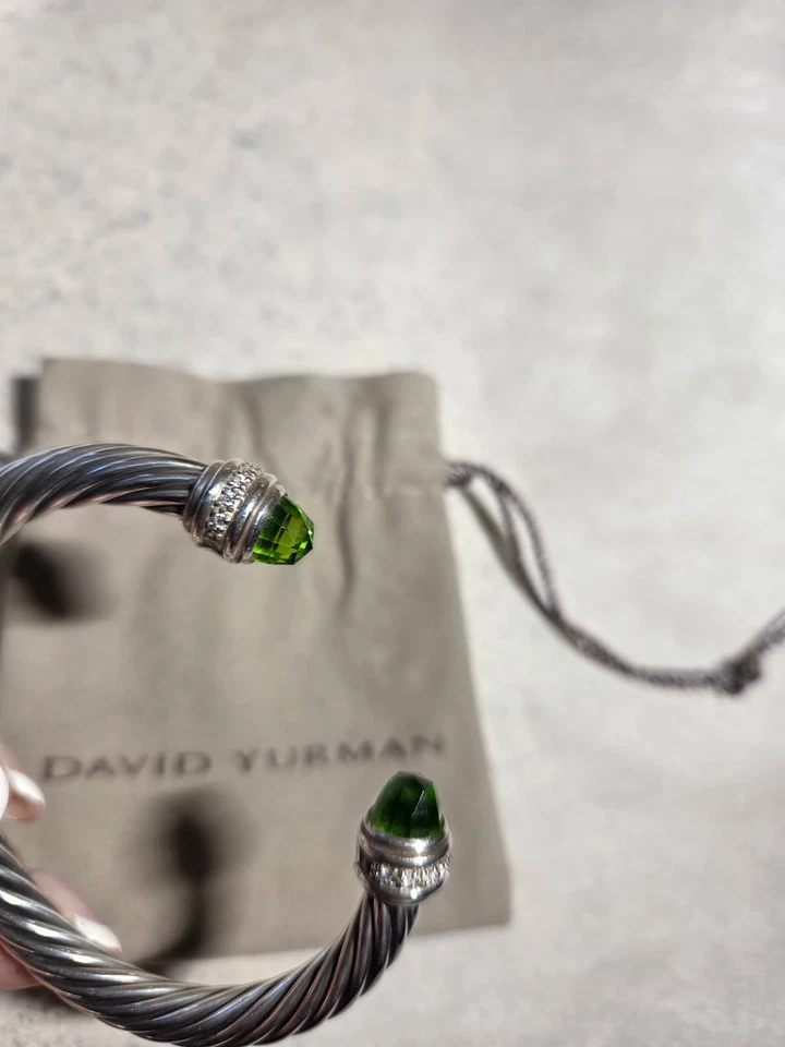 David Yurman 7mm Peridot and Diamond Cable Bracelet 925 M Adjustable - Image 3 of 4