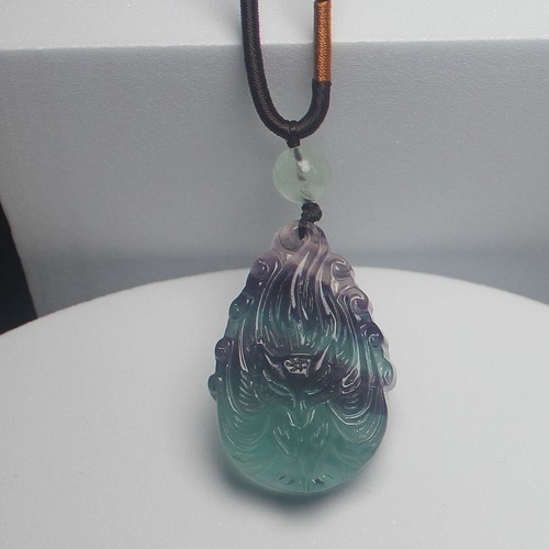 Natural Fluorite crystal nine tailed fox Necklace Amulet pendant with rope Chain - Picture 4 of 8