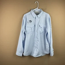 AFTCO Button Down Fishing Shirt Mens L Blue White Polyester L/S