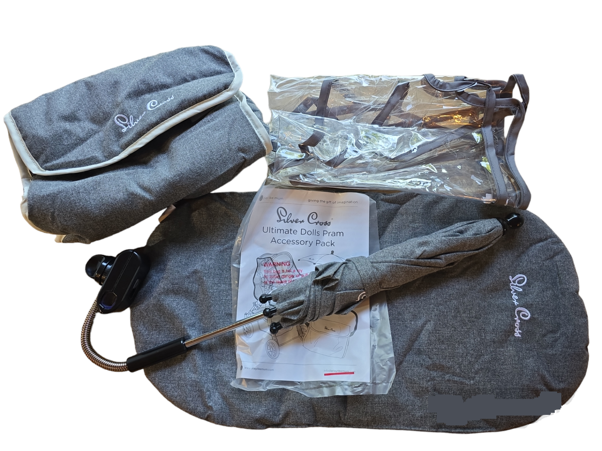PIECE SILVER CROSS DOLLS PRAM ACCESSORY SET ETON GRAY COVER BAG PARASOL