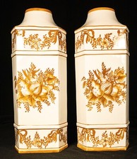 2 Italian Pottery Vases Bird Ribbon & Leaf Design White & Light Brown 13" Tall
