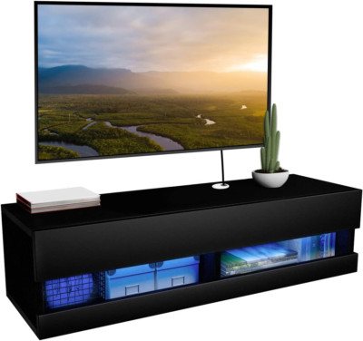 Wall-Mounted Floating TV Shelf - Stylish Black Entertainment Center with Storage