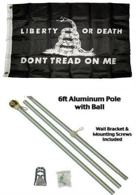2x3 2'x3' Liberty or Death Dont Tread Black Flag Aluminum Pole Kit Gold Ball Top