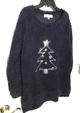 NWT ~ WALLFLOWER Women's Navy Fuzzy Sequin Christmas Trees Sweater ~ Sz. Large