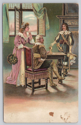 Vintage Foreign Post Card Three people gathered around desk A68