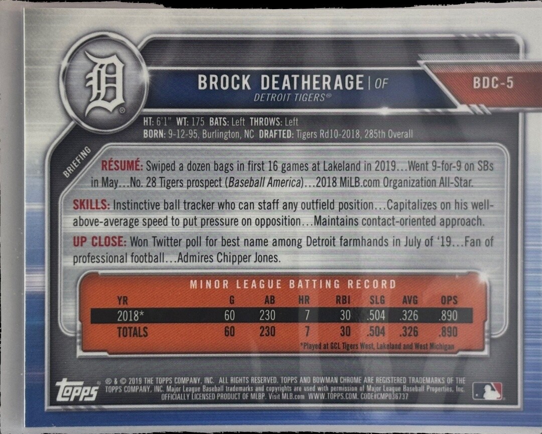 その他 Brock Deatherage Bowman Chrome Rc Auto 2019 BOWMAN CHROME INSERTS RC BROCK DEATHERAGE DETROIT
