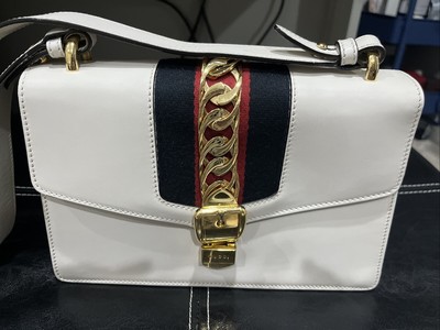 GUCCI GG GHW Sylvie Shoulder Bag Calfskin Leather White