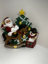 VTG Santa On a Rocking Horse Christmas Tree Plastic Wall Decor Made In USA 3D