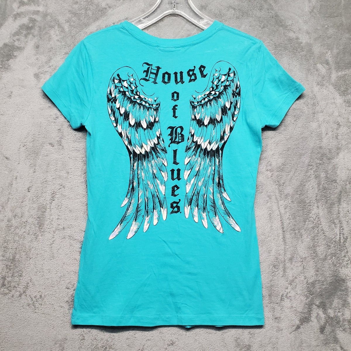 House of Blues Top Womens Large Blue Angel Wings Metallic T Shirt Heart Soul