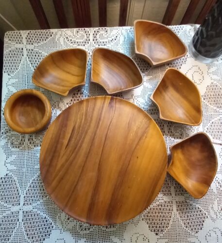 Teak Wood Lazy Susan 7 Piece Set Removable Serving Dishes 13.5 Inch Vintage - Picture 5 of 6