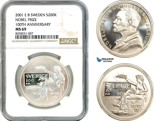 AK511, Sweden, Nobel Prize Centennial 200 Kronor 2001, Stockholm, NGC MS69