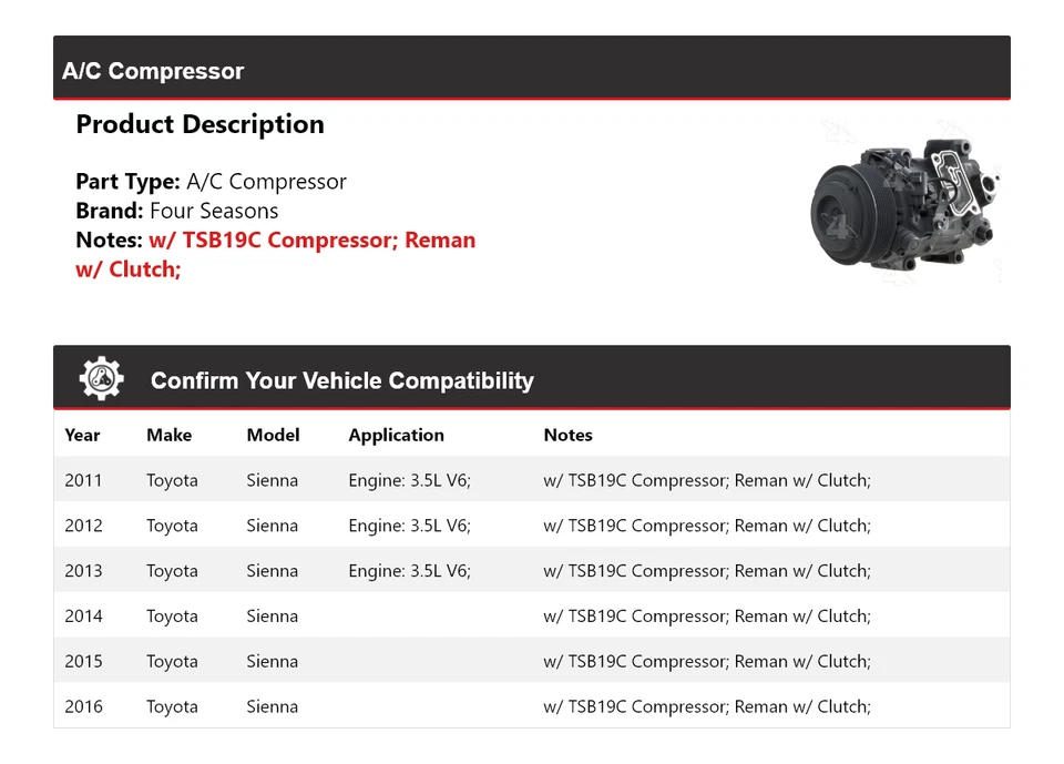 Compresor de aire acondicionado para Toyota Sienna 2011-2016 4 estaciones 2012 2013 2014 2015 Foto 2 de 4