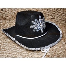Black Felt Cowgirl Hat with Gemstones Rhinestones Sequins Women's One Size