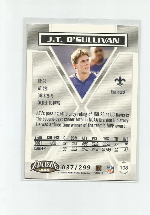 2002 PACIFIC EXCLUSIVE BLUE #108 J.T. O'SULLIVAN 037/299 - Image 2 of 2