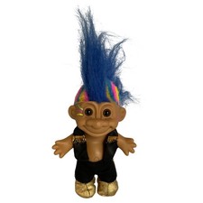 Vintage Russ Troll Doll Blue Hair Rainbow Sides Gold Shoes 1990s Collectible