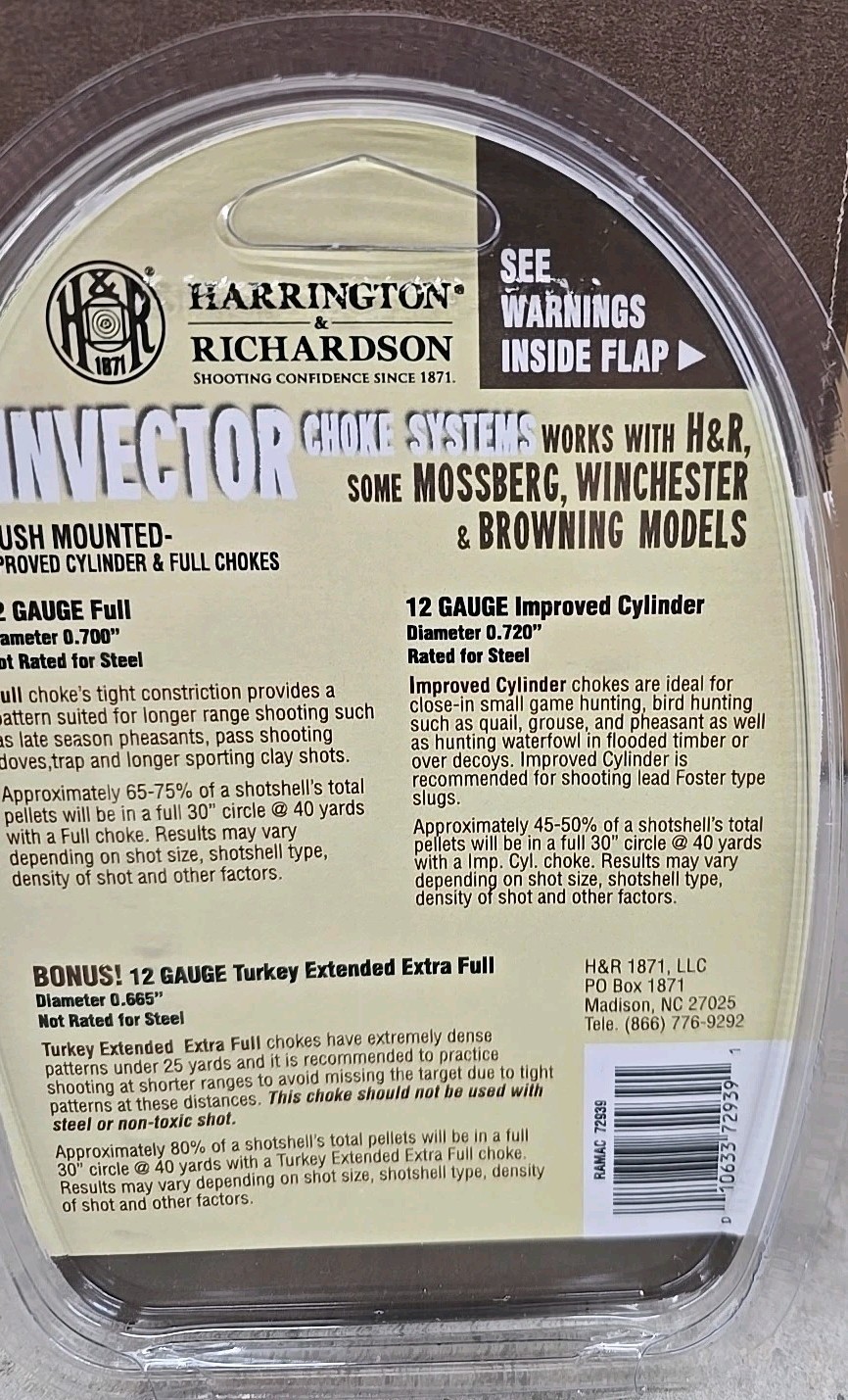 H&R 12GA Invector Choke Value Pack IMP CYL, FULL & TKY BRO/MOS/WIN/NEF/H&R 72939