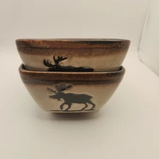 2-Woodland Home Studio 5 1/2" Square Stoneware Soup Cereal Bowls Pines & Moose 