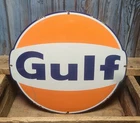 Large 14" Vintage GULF Service Station Oil Gas Pump Plate Porcelain Metal Sign