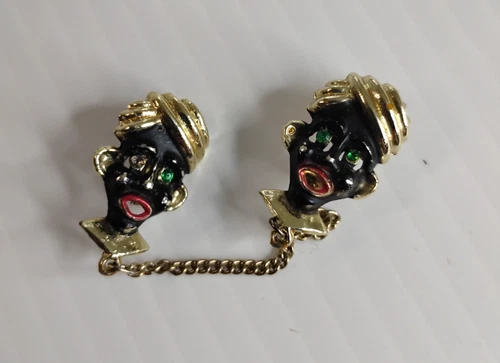 Vintage Blackamoor Double Head Brooch Pin w Chain Gold Tone Enamel Rhinestone