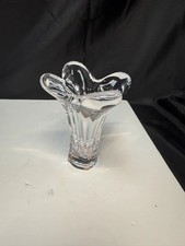 Vintage Heavy Clear Crystal Art Glass Flower Vase   Fluted Freeform Petal Rim
