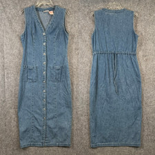 Vtg 90s Denim Vest Dress Maxi Midi Sz 10 Button Up Cowgirl Grunge V-Neck