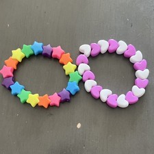 Girls Multicolor Beaded Charm Bracelets Set Star Heart Shapes Stackable Plastic