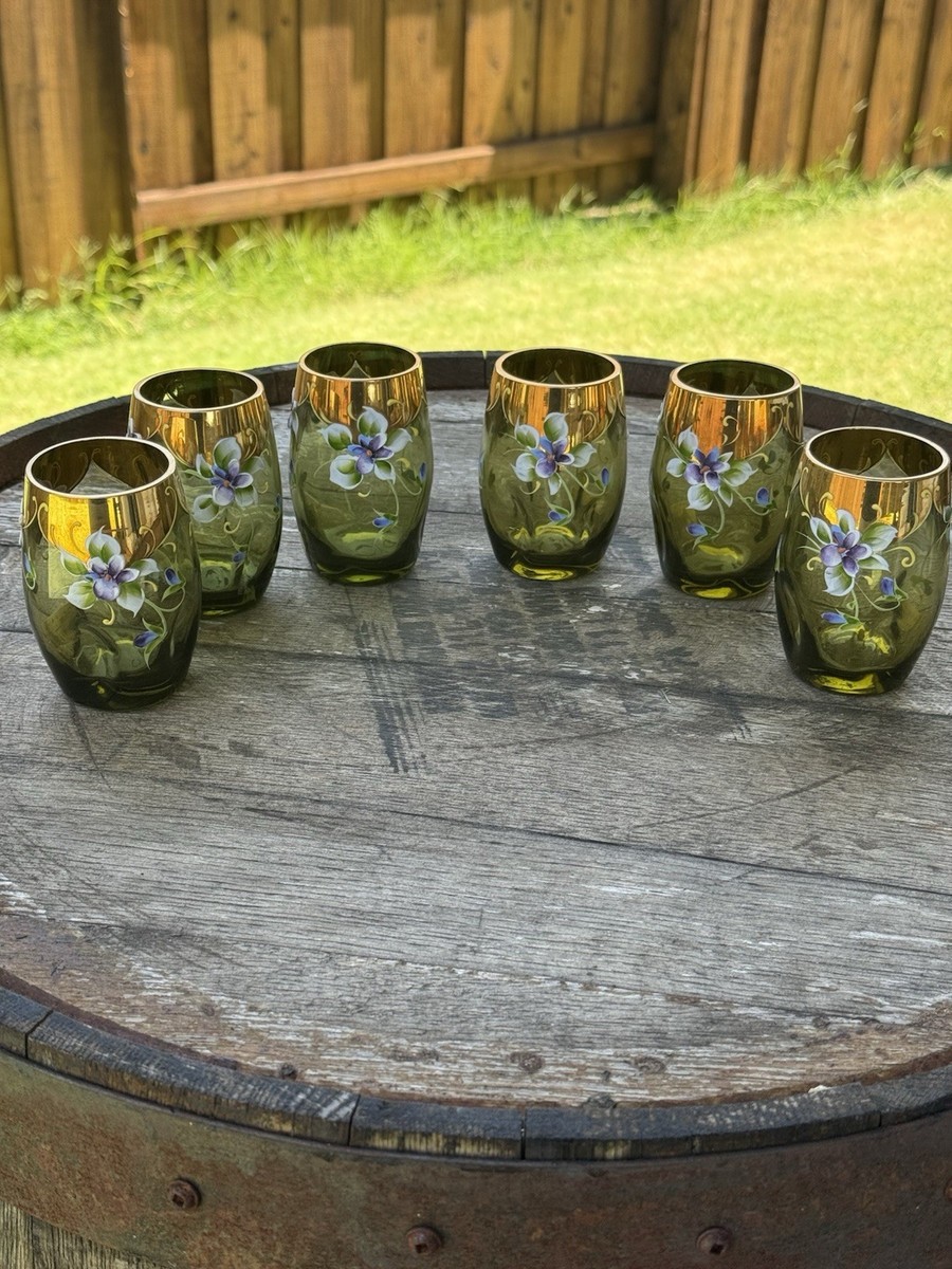 Antique Murano Glass Set of 6 Enamel Emerald Green Gold Painted