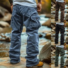 New Mens Wide Leg Cargo Combat Work Corduroy Lightweight Trousers Pants Bottoms
