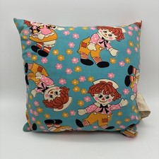 Vintage 1970s Raggedy Ann Andy Decorative Pillow 12x12 Blue Floral All Over