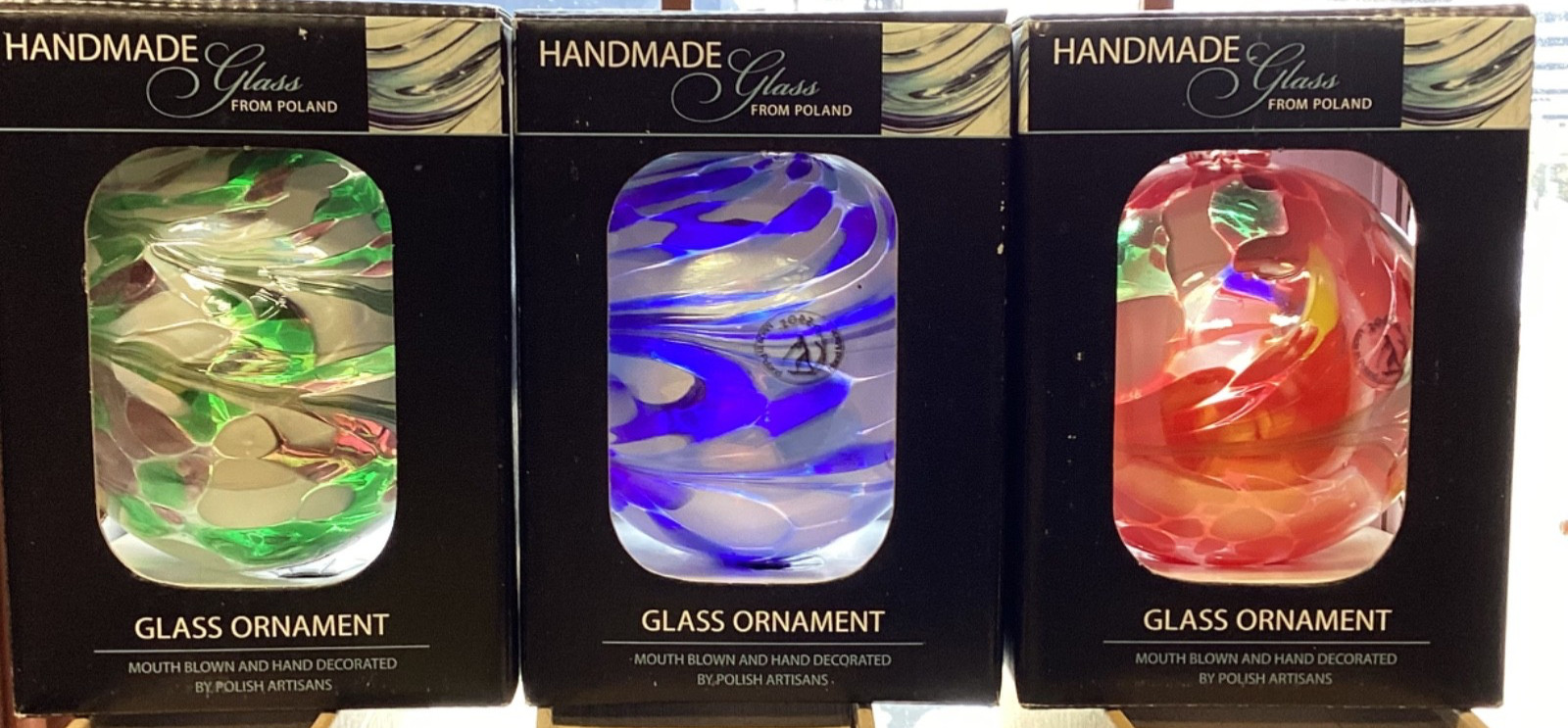 Lot 3 Zorza Hand Made Glass Ornament From Poland Mouth Blown 4” Blue Green Red