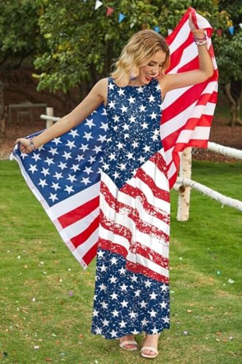 Womens 4th of July Maxi Dress American Flag Sleeveless Medium Usa Flag Blue  B3 | eBay