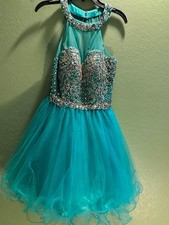 RACHEL ALLAN Turquoise Beaded Halter Cocktail Prom Dress Size 0