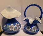 Fenton Cobalt Blue Cased Tulip Vase And Basket Handpainted