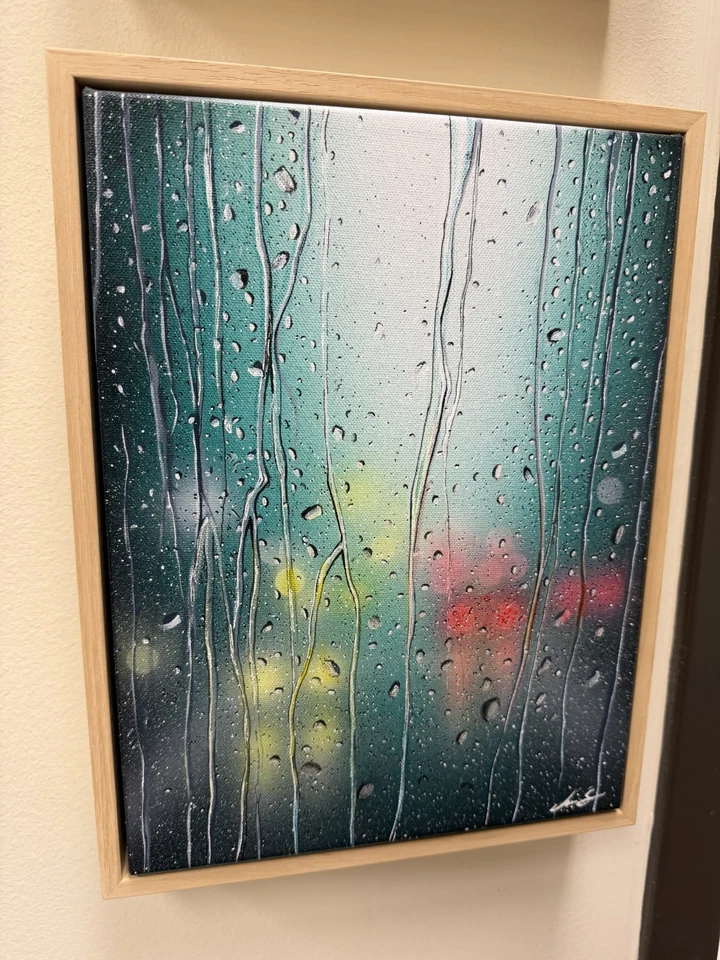 Original Acrylic Painting 9x12 Frame City Bokeh Art in Natural Wood Frame Decor - Image 2 of 4