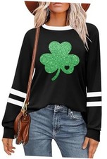 St. Patrick Day Shirt for Women: Lucky Shamrock Sequin Green Large Three-black
