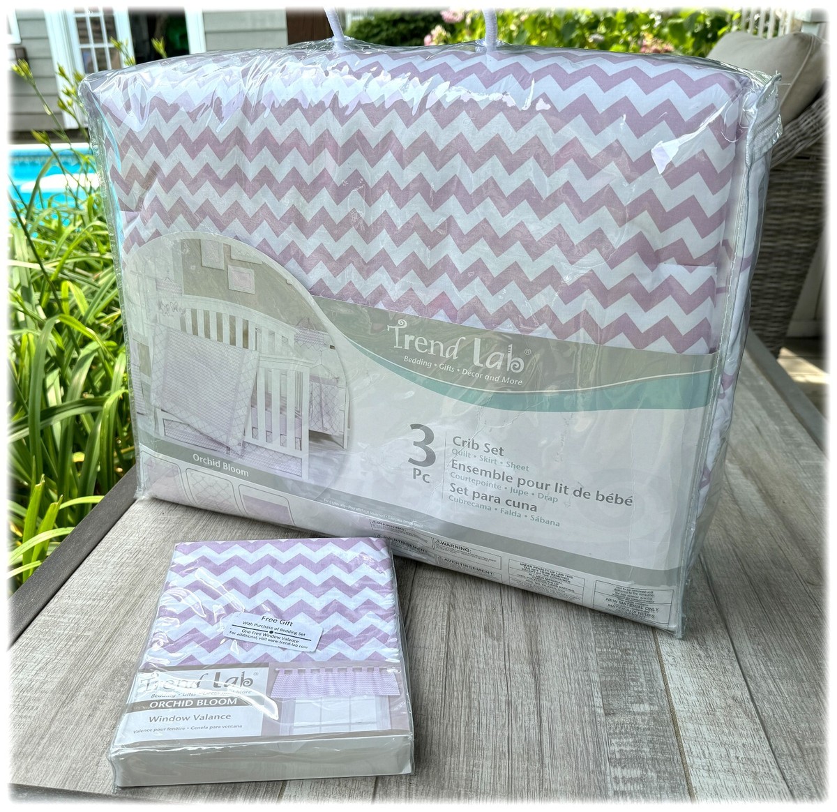 Trend Lab Baby Crib Set w Valance Orchid Bloom Quatrefoil Dots Chevrons  Pc NEW